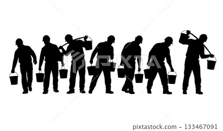 Black Solid Worker Carrying Bucket Silhouettes Set of Six on White Background Black Solid Worker Carrying Bucket Silhouettes Set of Six on White Background 133467091