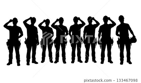 Black Solid Worker Adjusting Helmet Silhouettes Set of Six on White Background 133467098