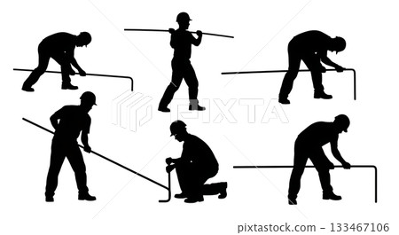 Black Solid Worker Bending Rebar Silhouettes Set of Six on White Background Black Solid Worker Bending Rebar Silhouettes Set of Six on White Background 133467106