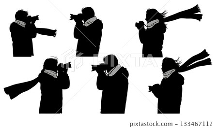 Black Solid Windy Weather Photographer Silhouettes Set of Six on White Background Black Solid Windy Weather Photographer Silhouettes Set of Six on White Background 133467112