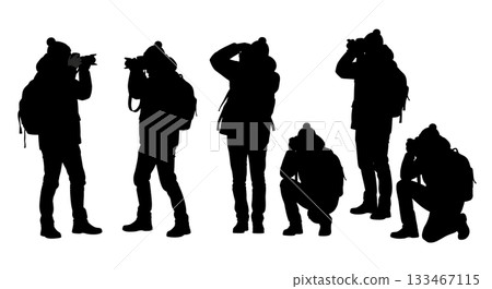 Black Solid Winter Photographer Silhouettes Set of Six on White Background 133467115