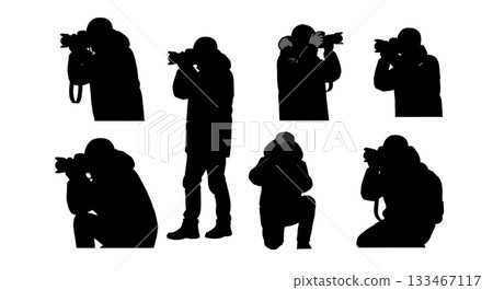 Black Solid Winter Photographer Silhouettes Set of Six on White Background Black Solid Winter Photographer Silhouettes Set of Six on White Background 133467117