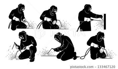 Black Solid Welder Worker Silhouettes Set of Six on White Background 133467120