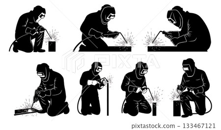 Black Solid Welder Worker Silhouettes Set of Six on White Background Black Solid Welder Worker Silhouettes Set of Six on White Background 133467121