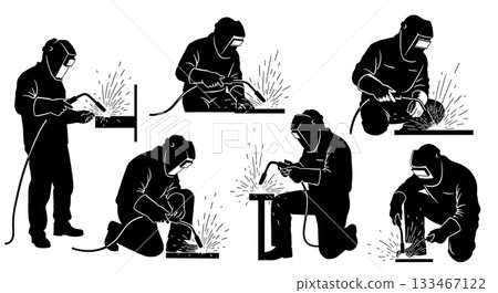 Black Solid Welder Worker Silhouettes Set of Six on White Background Black Solid Welder Worker Silhouettes Set of Six on White Background 133467122