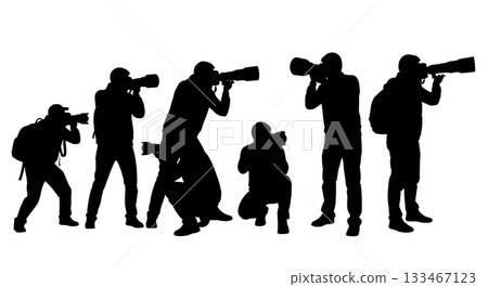 Black Solid Wide Angle Photographer Silhouettes Set of Six on White Background Black Solid Wide Angle Photographer Silhouettes Set of Six on White Background 133467123