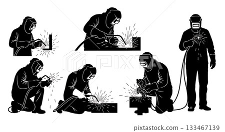 Black Solid Welder Worker Silhouettes Set of Six on White Background Black Solid Welder Worker Silhouettes Set of Six on White Background 133467139