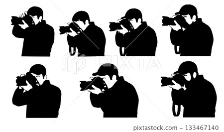 Black Solid Photographer Adjusting Settings Silhouettes Set of Six on White Background 133467140