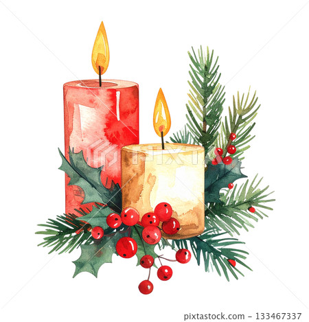 Christmas candle decoration watercolor illustration 133467337