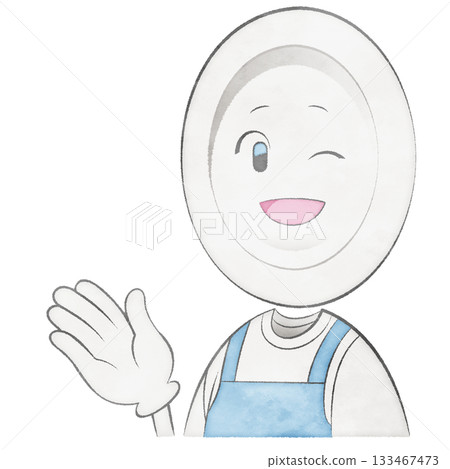 Plate character wearing an apron (pointing with hand and winking brightly) Plate character wearing an apron (pointing with hand and winking brightly) 133467473