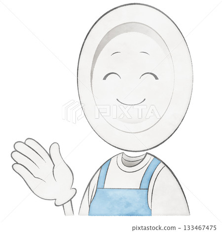 Plate character wearing an apron (pointing with hand and smiling) Plate character wearing an apron (pointing with hand and smiling) 133467475