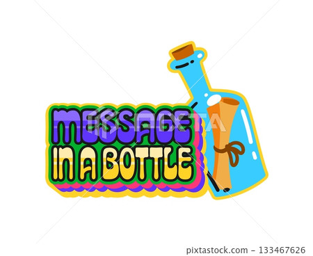 Pirate message in bottle vintage Y2K sticker or tag. Pirate marine Y2K patch, piracy and sailing retro vector sticker. Filibuster nautical tag with paper scroll letter inside corked bottle Pirate message in bottle vintage Y2K sticker or tag. Pirate marine Y2K patch, piracy and sailing retro vector sticker. Filibuster nautical tag with paper scroll letter inside corked bottle 133467626
