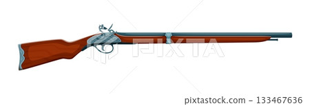 Cartoon corsair pirate bandit flintlock rifle weapon. Pirate skipper antique gunpowder isolated vector weapon, buccaneer or privateer sailor cartoon flintlock musket. Filibuster 18th century gun 133467636