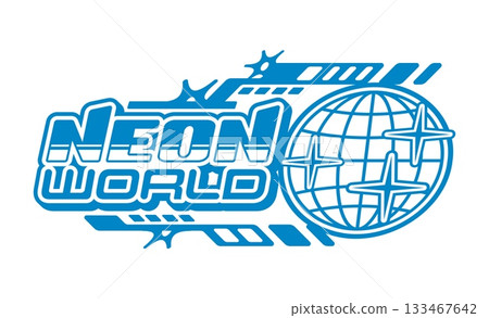 Neon world blue globe retro Y2K icon or badge. Business globus Y2K vector icon, planet Earth emblem. Internet and web network globe sphere mesh symbol with Sci-Fi futuristic typography text and stars 133467642