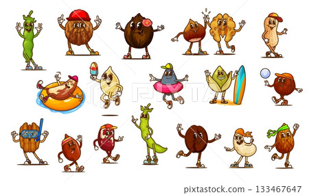 Cartoon groovy nuts and legumes characters on summer vacation, vector nuts, beans, seeds food. Retro hippie walnut, peanut, pistachio and almond. Cute groovy hazelnut, coconut and cashew characters 133467647