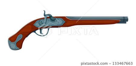 Corsair pirate cartoon medieval pistol weapon. Pirate captain 18th century isolated vector pistol, buccaneer or privateer bandit antique firearm. Filibuster skipper isolated flintlock gunpowder weapon Corsair pirate cartoon medieval pistol weapon. Pirate captain 18th century isolated vector pistol, buccaneer or privateer bandit antique firearm. Filibuster skipper isolated flintlock gunpowder weapon 133467663