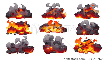 Fire flames on coal, fireplace charcoal, burn ember coal pieces and ash with smoke and sparks, vector grill, bonfire or campfire themes. Cartoon fire burning on charcoals with hot red flames Fire flames on coal, fireplace charcoal, burn ember coal pieces and ash with smoke and sparks, vector grill, bonfire or campfire themes. Cartoon fire burning on charcoals with hot red flames 133467670