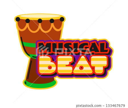 Musical beat Y2K groovy sticker or label. Radio audio record Y2K vector tag, festival concert sticker. Musical sound funky label or patch with African drum percussion musical instrument and typography Musical beat Y2K groovy sticker or label. Radio audio record Y2K vector tag, festival concert sticker. Musical sound funky label or patch with African drum percussion musical instrument and typography 133467679