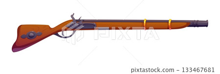 Corsair pirate cartoon flintlock musket rifle weapon. Pirate sailor medieval isolated vector gun, filibuster antique firearm weapon. Corsair captain cartoon 18th century rifle or flintlock musket 133467681