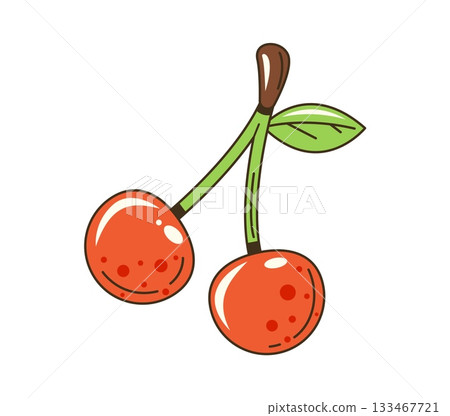 Cartoon retro 80s groovy cherry berry sticker or tag. Retro tag, 70s isolated groovy vector label. Vintage hippie sticker or funky patch with farm garden two sweet cherry berries 133467721