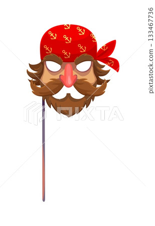 Caribbean pirate bearded face in bandana photo booth mask. Corsair captain, pirate sailor cartoon vector sticker. Kids photo booth prop or mask with filibuster face, beard and mustaches, red bandana 133467736