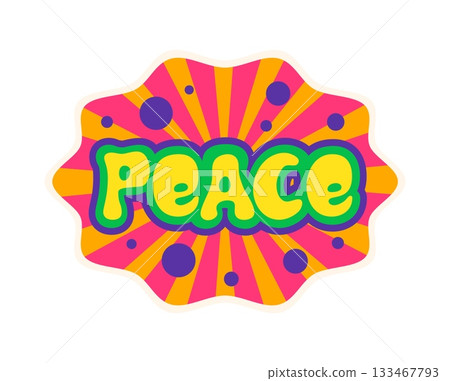 Peace Y2K groovy sticker or retro print. Retro positive cartoon vector sticker or patch. 80s hippie Y2K tag or vintage cute funky label with vibrant color line and dotted pattern, typography text 133467793