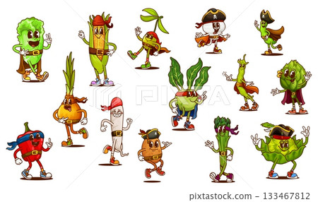 Cartoon groovy pirate and corsair vegetable characters, vector y2k farm food. Funny corn, asparagus, pepper and onion, olive and mushroom veggies. Groovy potato and radish pirate vegetable characters Cartoon groovy pirate and corsair vegetable characters, vector y2k farm food. Funny corn, asparagus, pepper and onion, olive and mushroom veggies. Groovy potato and radish pirate vegetable characters 133467812