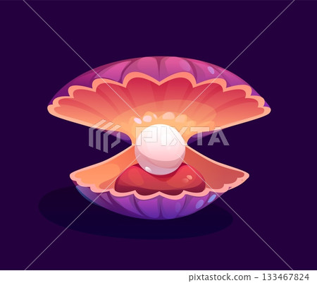 Cartoon ocean rare pearl ouster shell and scallop. Marine jewelry pearl isolated vector shell, underwater life precious seashell. Ocean nature rare scallop mollusk or sea bottom valuable oyster clam 133467824