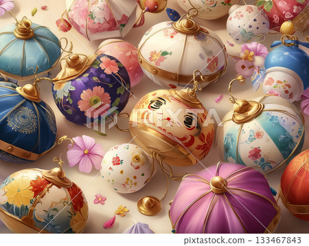 Seamless pattern of traditional New Year's toys such as spinning tops and battledores 133467843