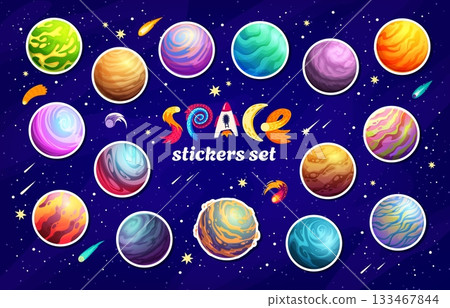 Alien space planets stickers pack. Fantasy galaxy badges. Cartoon vector patches of vibrant cosmic spheres against a starry sky background. Surreal celestial bodies with colorful surface in Universe 133467844
