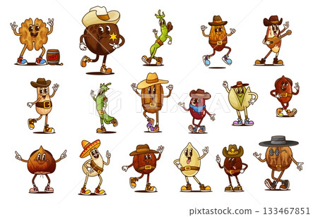 Cartoon groovy nut and bean cowboy or bandit characters in Wild West hats. Retro psychedelic hippy food vector personages of groovy Western peanut, almond, hazelnut and walnut cowboys, coconut sheriff Cartoon groovy nut and bean cowboy or bandit characters in Wild West hats. Retro psychedelic hippy food vector personages of groovy Western peanut, almond, hazelnut and walnut cowboys, coconut sheriff 133467851