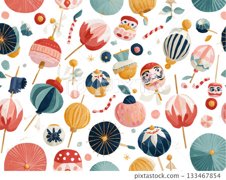 傳統新年玩具（如陀螺和打仗玩具）的無縫圖案 133467854