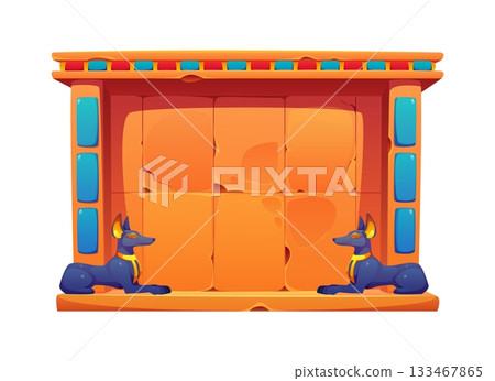 Ancient Egypt game frame, antique Egyptian stone board decorated with blue tiles, smooth carved blocks and statues of Anubis jackals. Cartoon Ancient Egyptian wall, vector treasure asset or monument Ancient Egypt game frame, antique Egyptian stone board decorated with blue tiles, smooth carved blocks and statues of Anubis jackals. Cartoon Ancient Egyptian wall, vector treasure asset or monument 133467865
