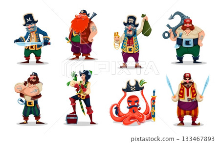 Cartoon pirate and corsair characters with funny octopus in captain black hat. Caribbean Sea pirate crew vector personages, angry sailor, boatswain, skipper and captain corsair characters with parrot Cartoon pirate and corsair characters with funny octopus in captain black hat. Caribbean Sea pirate crew vector personages, angry sailor, boatswain, skipper and captain corsair characters with parrot 133467893
