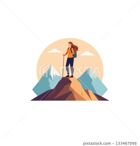 Independent female explorer achieves mountaintop summit seeking personal growth and embracing 133467898