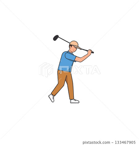 Male golfer swinging club with precision and focus during active sports in minimalistic drawing Male golfer swinging club with precision and focus during active sports in minimalistic drawing 133467905