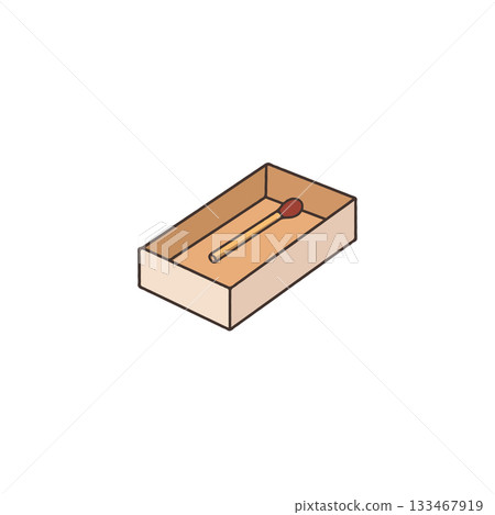 Minimalist artistic depiction of a solitary matchstick resting within a small rectangular Minimalist artistic depiction of a solitary matchstick resting within a small rectangular 133467919