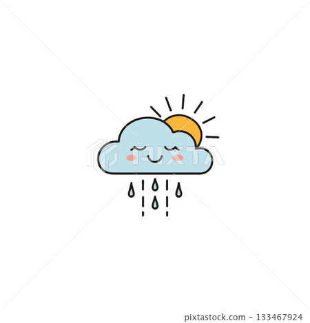 Whimsical weather illustration depicting happy rain cloud with sun peekaboo perfect for children's 133467924