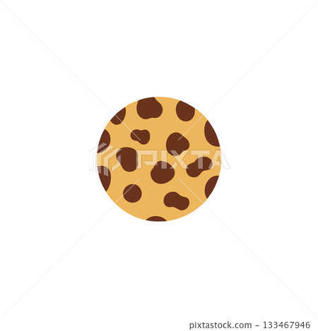 Isolated circular cookie illustration featuring evenly spaced dark brown chocolate chips against a Isolated circular cookie illustration featuring evenly spaced dark brown chocolate chips against a 133467946