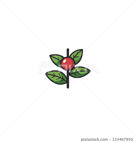 Whimsical vector illustration displaying a vibrant red berry amidst fresh green leaves on Whimsical vector illustration displaying a vibrant red berry amidst fresh green leaves on 133467950