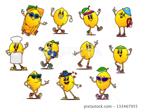 Cartoon groovy lemon fruit characters, vector citrus food. Retro hippie fresh yellow lemon personages with green leaves and funny groovy faces. Tropical citrus fruits with sunglasses and hats 133467955
