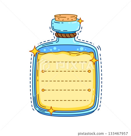 Pirate rum bottle kids memo note template. Glass container scrapbook sticker, kids to do list isolated vector frame. Child diary label or children schedule memo note with corked glass flask or vial 133467957