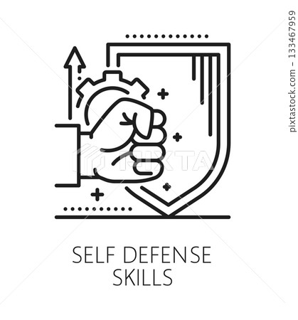 Self defense life skills line icon or sign. People potential linear vector icon, personality self defense life skills outline pictogram. Human quality lineart symbol or sign with human fist and shield 133467959
