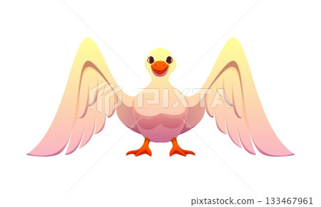 Cartoon letter M as bird character with open wings, orange beak and cheerful expression. Vector agriculture typeface, farm font, harvest type, funny English alphabet as friendly and cute animal 133467961