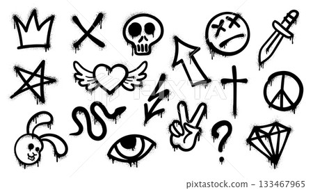 Grunge street art graffiti spray, ink paint vector icons set. Black urban culture elements. Snake, skull, crown and rabbit head, lightning bolt, question mark and winged heart. Eye, star and cross 133467965