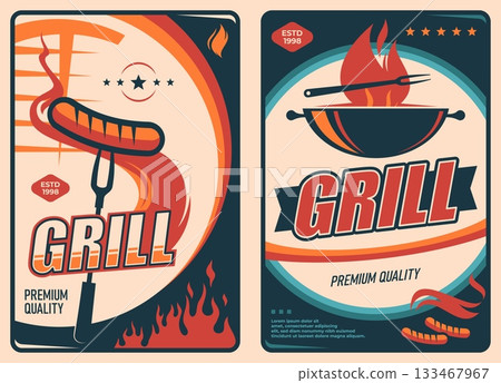Retro grill bbq poster. Barbeque picnic invite with grilled sausage on a metal fork above red fire flames, burning coals, fire sparks, stars. Vector barbecue banner for food festival, restaurant menu Retro grill bbq poster. Barbeque picnic invite with grilled sausage on a metal fork above red fire flames, burning coals, fire sparks, stars. Vector barbecue banner for food festival, restaurant menu 133467967