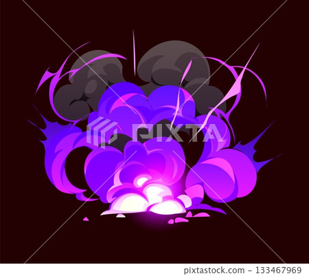 Cartoon purple bomb explosion, magic smoke, fire cloud effect. Fantasy glowing light and dark rising smog. Vector blast or burst with sparks, dust and magical energy power. Vfx comic boom attack 133467969