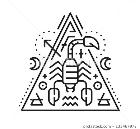 Egyptian scorpion esoteric line tattoo or sign. Egypt culture boho outline vector tattoo, egyptian mythology esoteric linear print. Africa history tarot sign or mystic symbol with venomous scorpion Egyptian scorpion esoteric line tattoo or sign. Egypt culture boho outline vector tattoo, egyptian mythology esoteric linear print. Africa history tarot sign or mystic symbol with venomous scorpion 133467972