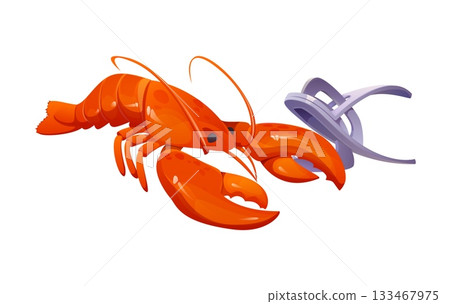 Cartoon red lobster with seafood cracker tool in its claw. Isolated vector crustacean representing cooking food process for menus, culinary, recipe book or kitchen utensil presentations 133467975
