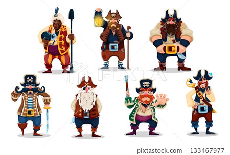 Cartoon pirate and corsair characters of vector captain, sailor, skipper and gunner personages in buccaneer costumes. Angry pirate men characters with black hats, beards, swords and wood leg Cartoon pirate and corsair characters of vector captain, sailor, skipper and gunner personages in buccaneer costumes. Angry pirate men characters with black hats, beards, swords and wood leg 133467977